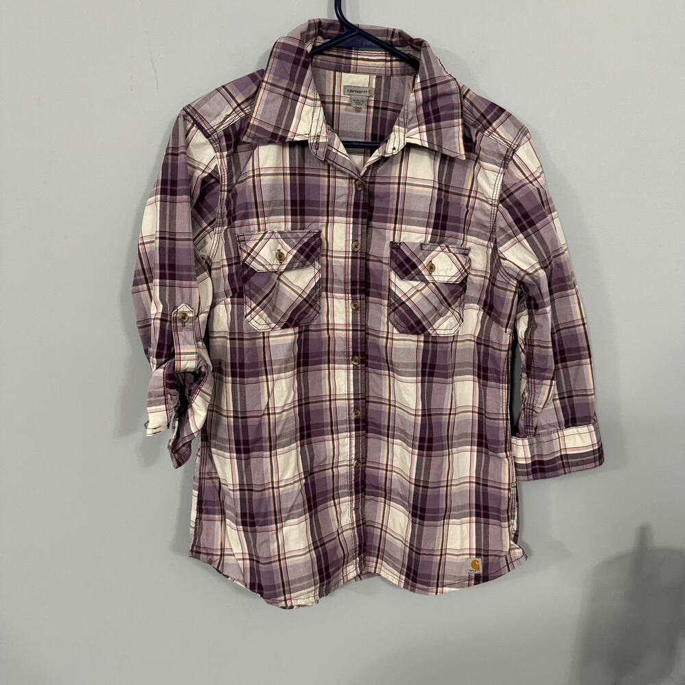 Carhartt Women's Purple Plaid Roll Tab Sleeve Button Down Shirt Size Medium